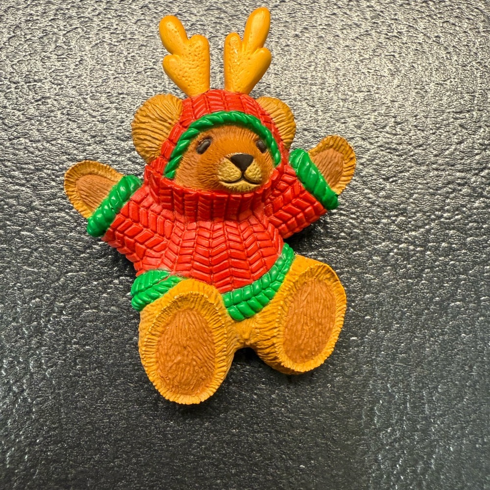 Vintage 1970’s Hallmark Christmas Teddy Bear With Antlers & Red Sweater Pin